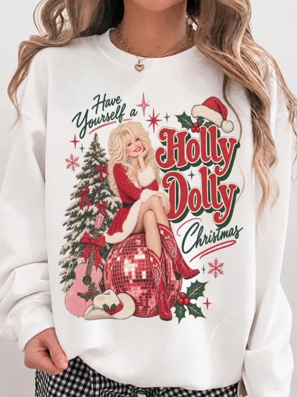 Dolly Parton A Holly Dolly Christmas Tree Guitar Disco Ball Hat Sweatshirt